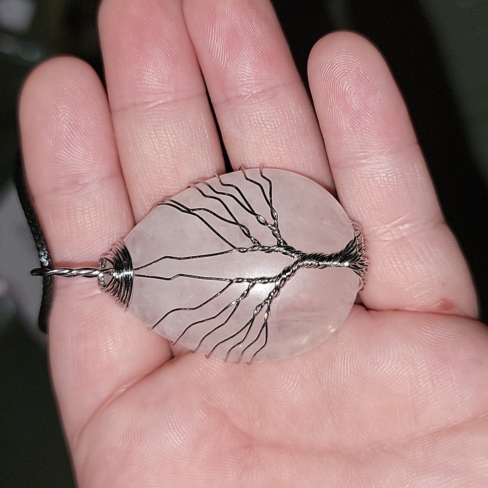 Handcrafted Silver Wire Wrapped Tree of Life Rose Quartz Pendant